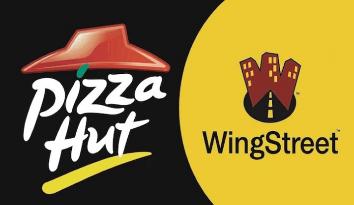 Logo Designs for Pizza Hut and Wingstreet With Red Hat Icon and Stylized Yellow and Red Designs on a Black Background.