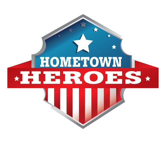 "Hometown Heroes" emblem featuring a star, red and white stripes, and blue background, symbolizing local pride and appreciation for community heroes.