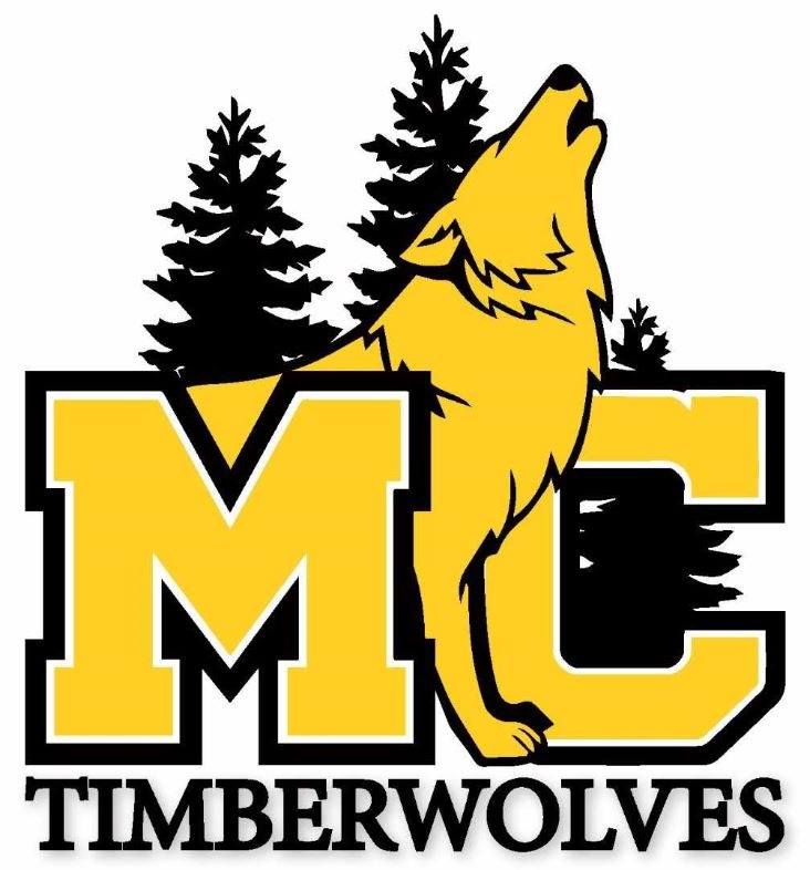 MC Timberwolves logo featuring a howling wolf in front of evergreen trees, representing school spirit and athletic pride.